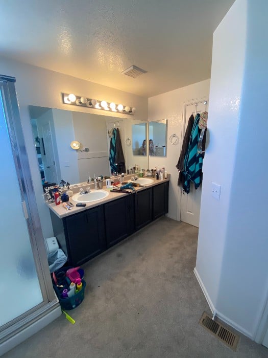 Master bath before Outdated and cramped